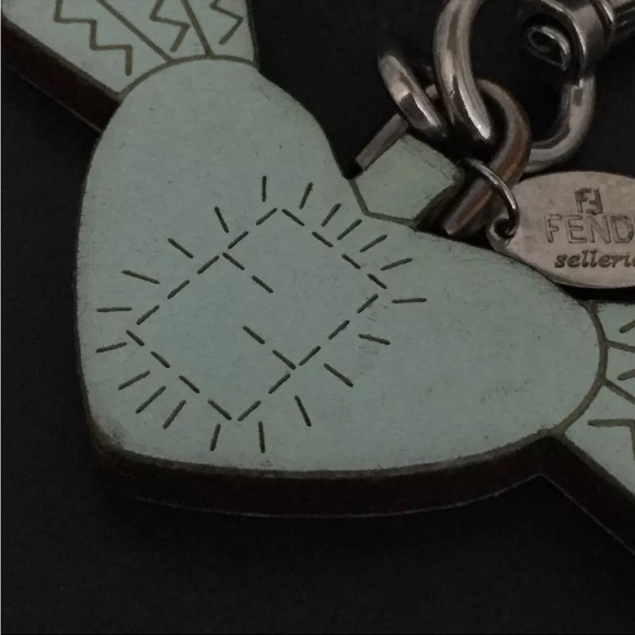 FENDI Selleria Logo Heart Wooden Bag Charm/ Keychain Aqua Blue Silver Hardware - Picture 5 of 8